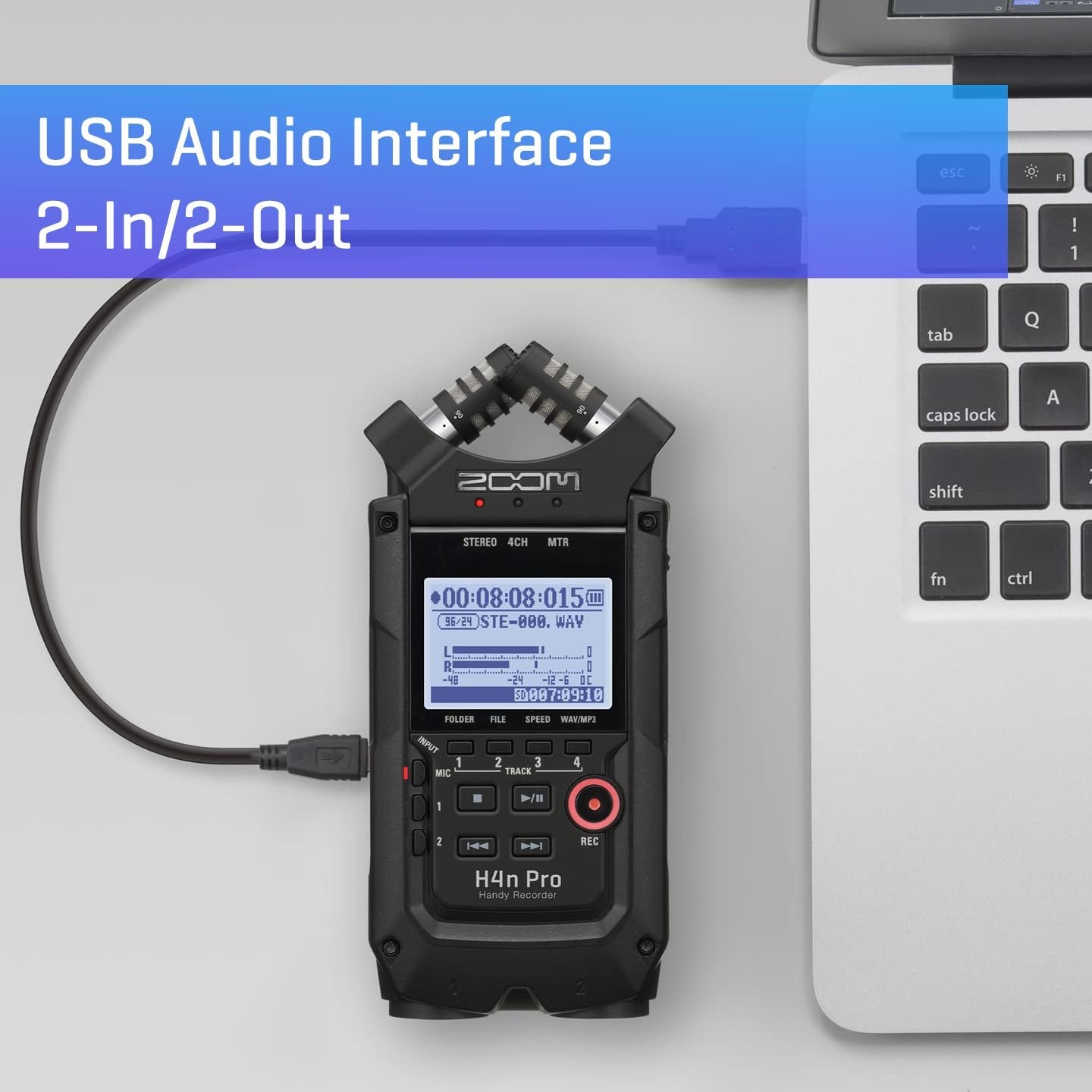 Zoom H4n Pro 4-Track Portable Recorder, All Black, Stereo Microphones, 2 XLR/ ¼“ Combo Inputs, Battery Powered, for Stereo/Multitrack Recording of Music, Audio for Video, and Podcasting