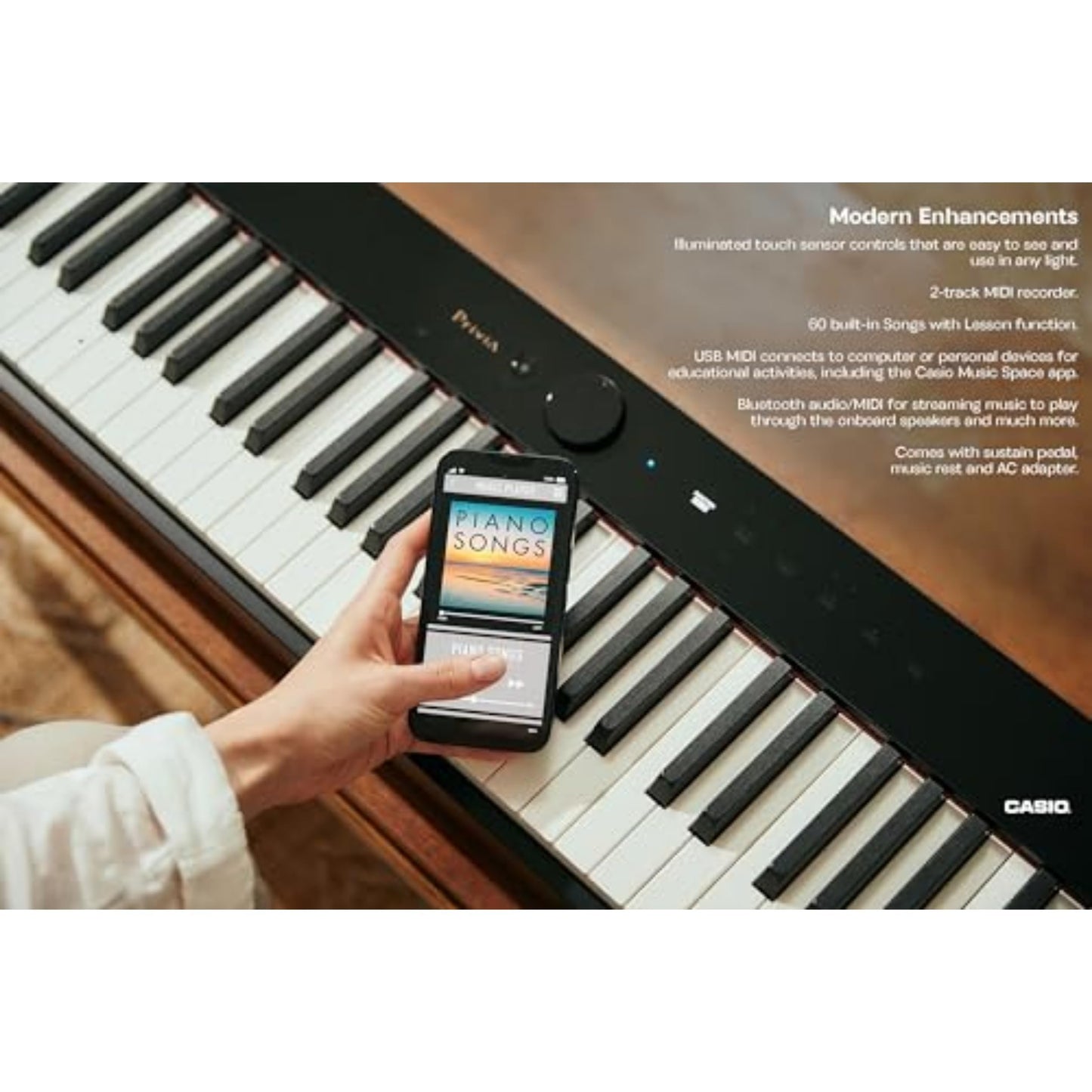 Casio Privia PX-S1100 Portable Digital Piano with 88 Weighted Keys, 18 Tones, Touch Sensor Controls, Sustain Pedal, Bluetooth, USB, AC Adapter, 16W Speaker System, Gloss Black Finish (PX-S1100BK)
