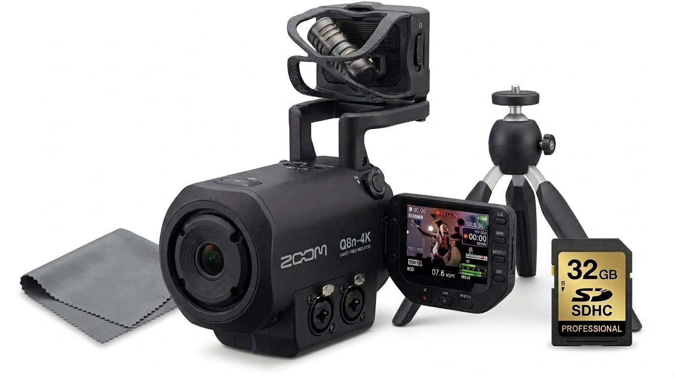 Zoom Q8n-4K Video Recorder with Tripod, 32GB SD Card, and Cleaning Cloth