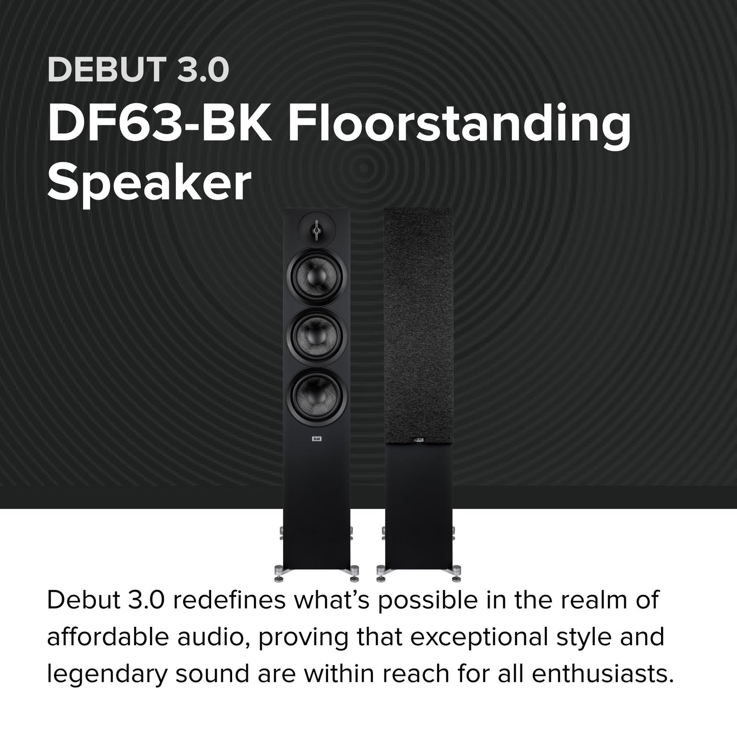ELAC Debut 3.0 DF63-BK Floorstanding Speaker, Black Ash (Each) - 1” Aluminum Dome Tweeter, 6.5” Aramid Fiber Midrange & Dual 6.5” Aramid Fiber Woofers - 3-Way Bass Reflex - 31Hz to 38KHz Response