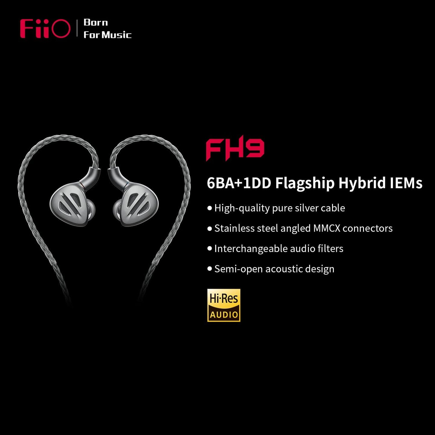 FIIO FH9 Headphones Earphone Wired High Resolution Over-The-Ear 1DD+6BA Detachable Cable Deep Bass Comes with 2.5/3.5/4.4mm Swappable Plugs for Smartphone/PC/Players/Home Audio(Titanium)