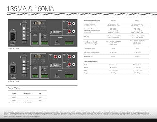 Crown 135MA 3 Input, 3 Channel, 35 Watt Powered Mixer/Amplifier for Paging, Background Music, Music-on-Hold, Installed Sound 8-Ohm and Constant Voltage Outputs 70V, Black