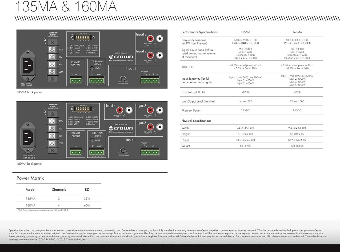 Crown 135MA Three-input, 35-Watt Mixer/Amplifier