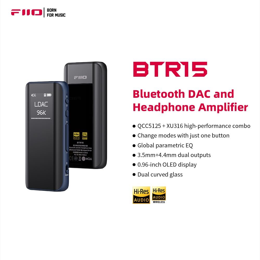 FiiO BTR15 Headphone Amps Bluetooth 5.1 Receiver High Resolution 384K/32Bit Native DSD256 USB DAC Supports LDAC/aptX HD/MQA for Smartphones/PC/Car/Home Audio