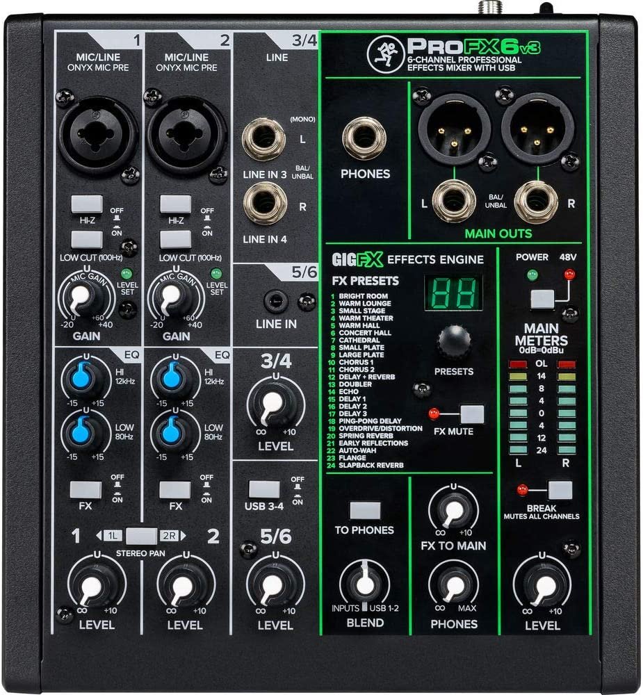 Mackie ProFXv3 Series, 6-Channel Professional Effects Mixer with USB, Onyx Mic Preamps and GigFX effects engine - Unpowered (ProFX6v3)