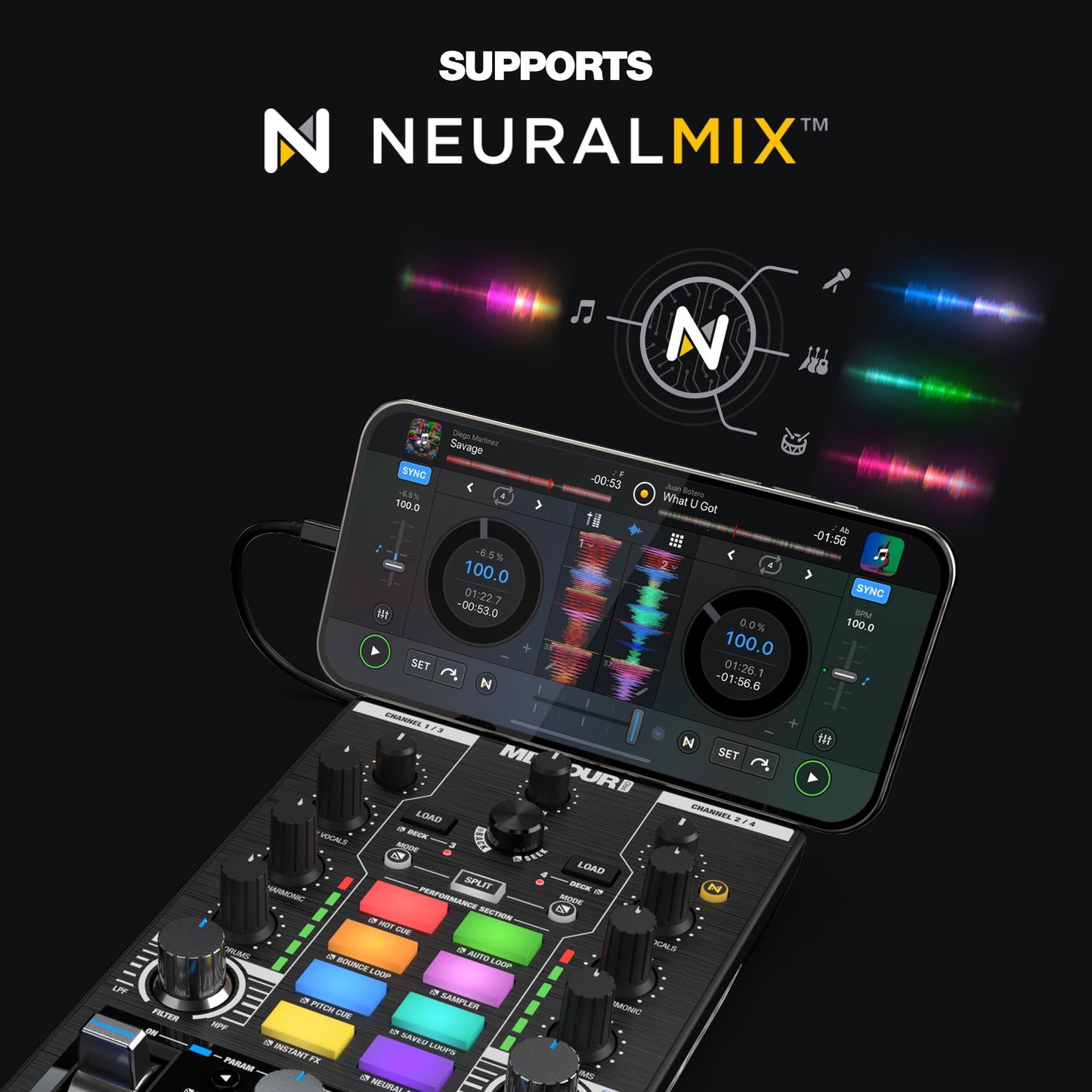 Reloop Mixtour Pro High-quality, ultra-portable, all-in-one four-deck DJ controller with audio interface
