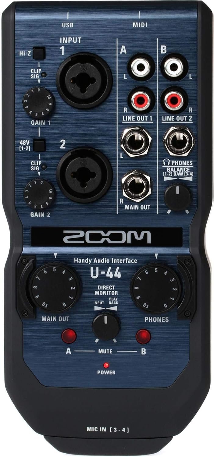 Zoom U-44 Handy Audio Interface, 4-Channel Portable USB Audio Interface, 2 XLR/TRS Combo Inputs, MIDI I/O, RCA Outputs, Compatible with Zoom Capsules