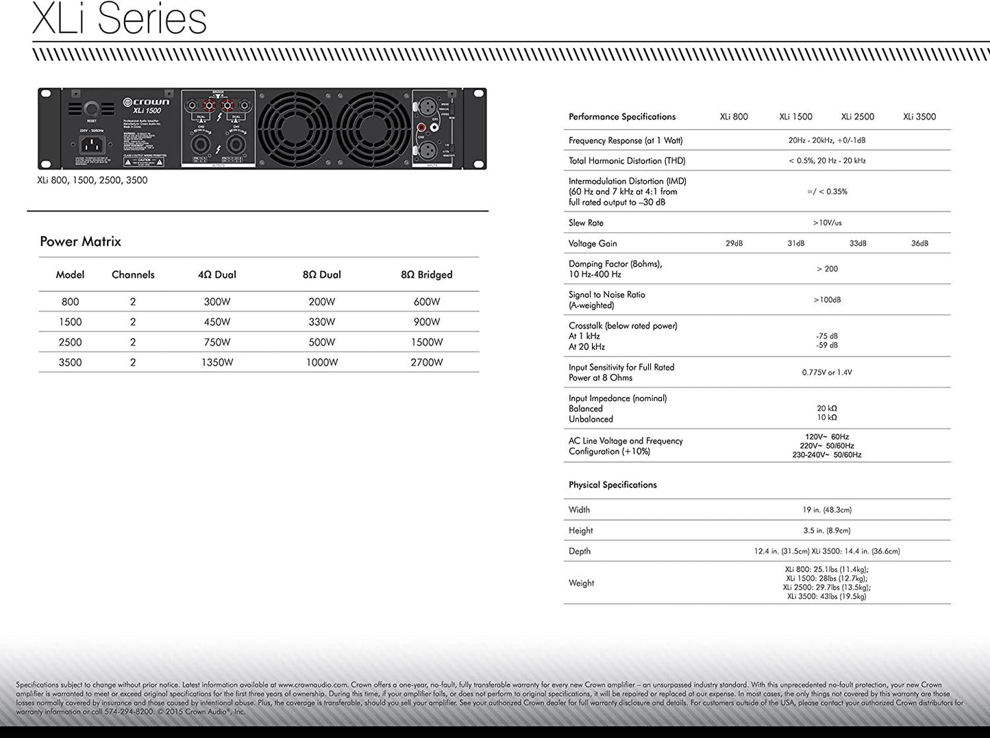 Crown XLi3500 Two-channel, 1350-Watt at 4Ω Power Amplifier