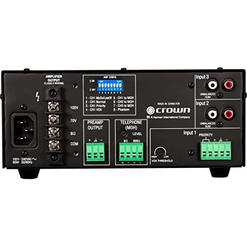 Crown 135MA 3 Input, 3 Channel, 35 Watt Powered Mixer/Amplifier for Paging, Background Music, Music-on-Hold, Installed Sound 8-Ohm and Constant Voltage Outputs 70V, Black