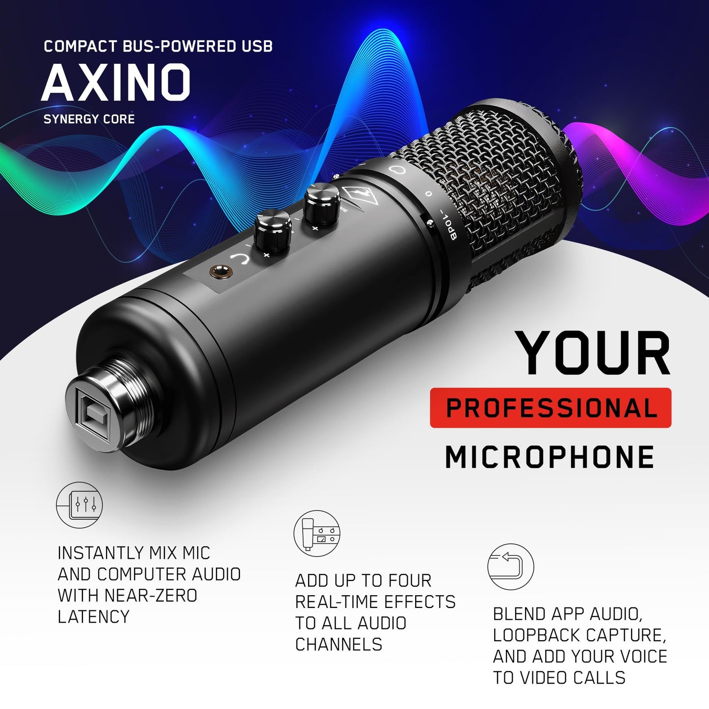 Antelope Audio Axino Synergy Core USB Podcast Microphone for Laptop, PC — All-In-One Large Diaphragm Vocal Recording Microphone w/Onboard Emulations & Effects — Dynamic Condenser Mic + Audio Interface