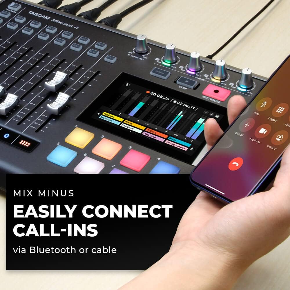 Tascam Mixcast 4 Podcast Studio Mixer Station with built-in 14-track Recorder / USB Audio Interface, Streaming, Bluetooth