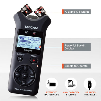 Tascam DR-07X Stereo Handheld Digital Audio Portable Recorder and USB Audio Interface, Pro Field, AV, Music, Dictation Recorder