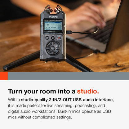 TASCAM DR-40X 4-Track Portable Handheld Field Recorder — 2 XLR/TRS Inputs, USB Audio Interface, Dual Adjustable Microphones for Stereo Recording of Music, Audio for Video and Podcasting