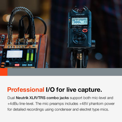 TASCAM DR-40X 4-Track Portable Handheld Field Recorder — 2 XLR/TRS Inputs, USB Audio Interface, Dual Adjustable Microphones for Stereo Recording of Music, Audio for Video and Podcasting