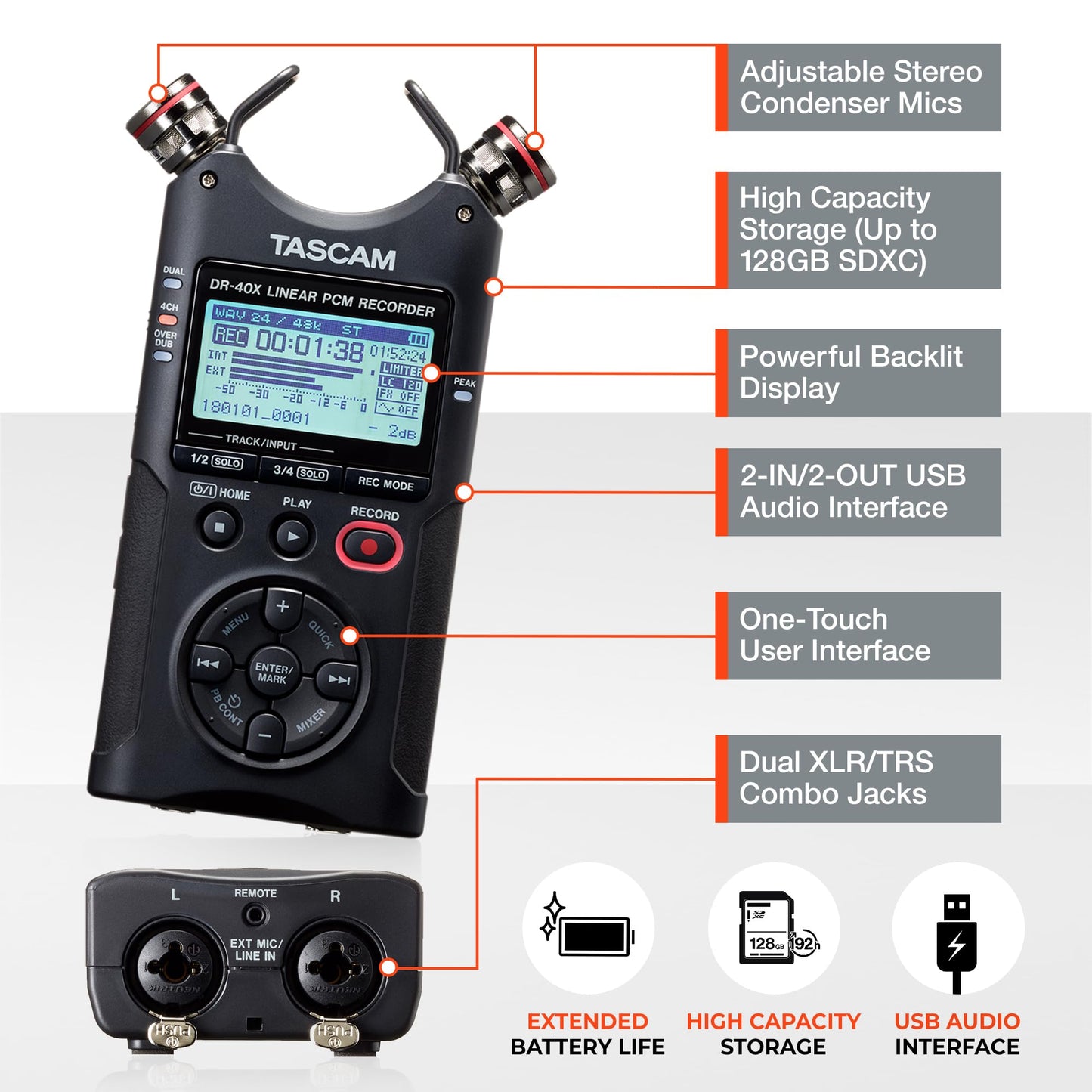 TASCAM DR-40X 4-Track Portable Handheld Field Recorder — 2 XLR/TRS Inputs, USB Audio Interface, Dual Adjustable Microphones for Stereo Recording of Music, Audio for Video and Podcasting