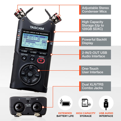 TASCAM DR-40X 4-Track Portable Handheld Field Recorder — 2 XLR/TRS Inputs, USB Audio Interface, Dual Adjustable Microphones for Stereo Recording of Music, Audio for Video and Podcasting