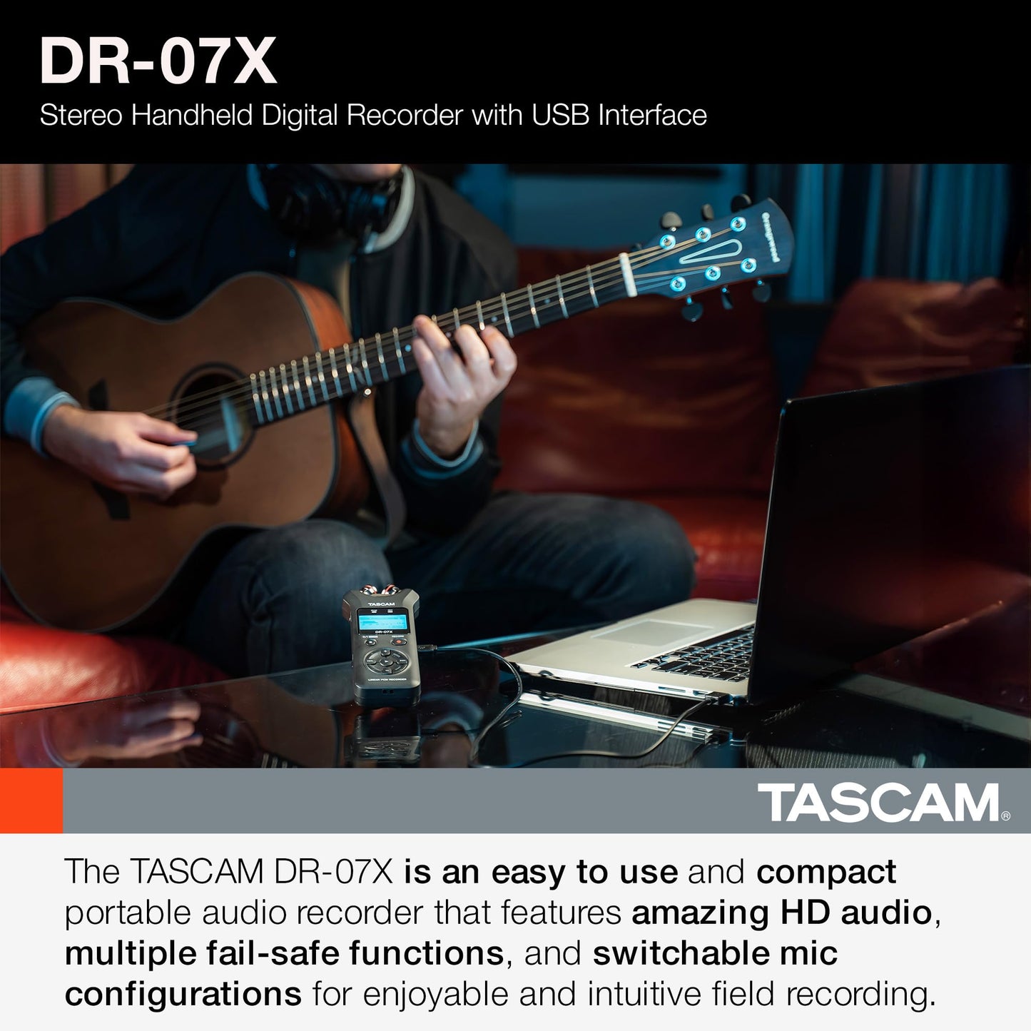 Tascam DR-07X Stereo Handheld Digital Audio Portable Recorder and USB Audio Interface, Pro Field, AV, Music, Dictation Recorder