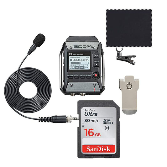 Zoom F1-LP Field Recorder + Lavalier Mic Pack + 16 GB SD card + Cloth