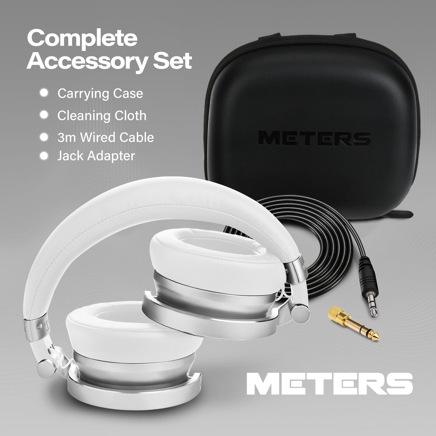 Meters OV-1-B-C Over-Ear Wireless Headphones with Active Noise Cancellation - Studio-Quality Sound with 16-Hour Playback & VU Display - Bluetooth 5.0, App-Controlled, 40mm Drivers (White)