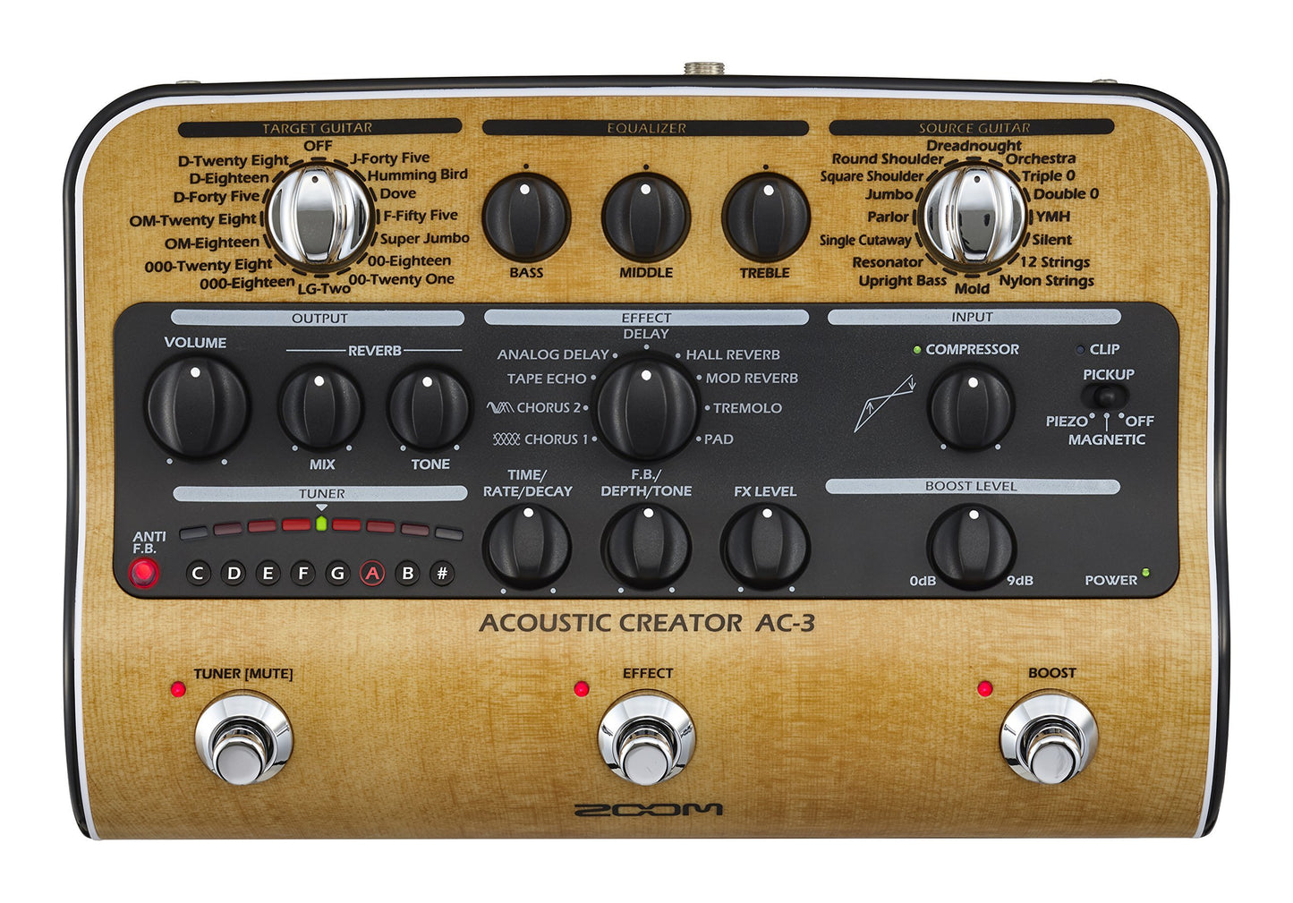 Zoom AC-3 Acoustic Creator, Acoustic DI with Tone Restoration, Acoustic Modeling, 9 effects, Compression, Tuner, Reverb, EQ, and Anti-Feedback