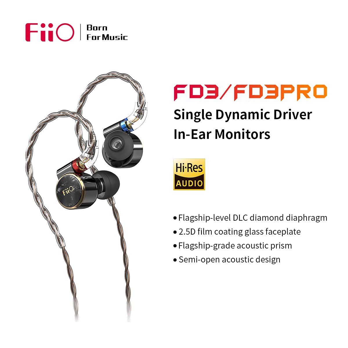 FiiO FD3 Earphones in-Ear Earbuds High Resolution 1DD Bass Heavy MMCX Connector (Black)