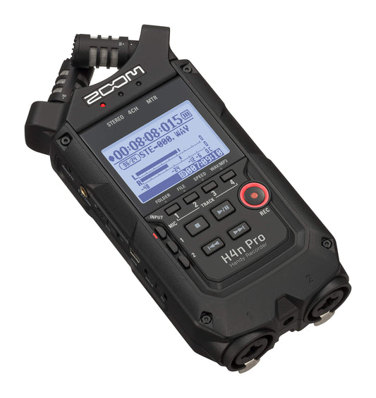 Zoom H4n Pro 4-Track Portable Recorder, All Black, Stereo Microphones, 2 XLR/ ¼“ Combo Inputs, Battery Powered, for Stereo/Multitrack Recording of Music, Audio for Video, and Podcasting