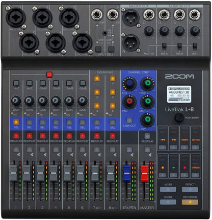 Zoom LiveTrak L-8 Podcast Recorder, Battery Powered, Digital Mixer and Recorder, Music Mixer, Phone Input, Sound Pads, 4 Headphone Outputs, 12-In/4-Out Audio Interface, Built In EQ and Effects