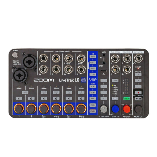 Zoom LiveTrak L6 Digital Mixer/Recorder, Battery Powered, 32-Bit Float, 10-Channels, 2 Combo + 4 Stereo Inputs, MIDI, Effects, Sound Pads, 3-Band EQ, Audio Interface, For Music & Streaming