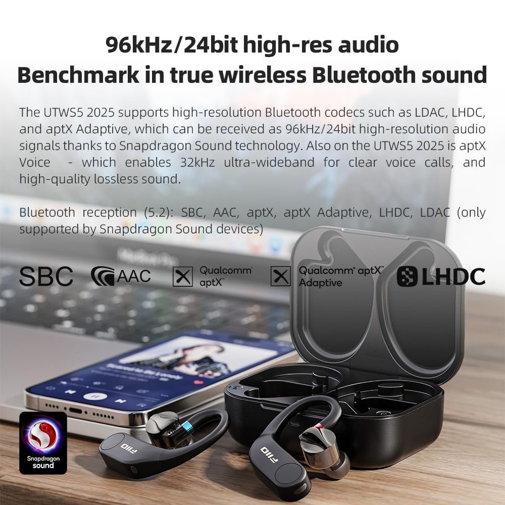 FiiO UTWS5 2025 True Wireless Bluetooth Earbuds Hook & Headphone Amp for IEMs, AK4332 DAC, Hi-Res 96kHz/24bit LDAC -MMCX/0.78 2pins Connector, 10-Band PEQ, 20H Battery Life (MMCX)