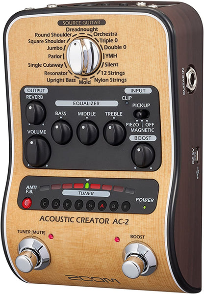 Zoom AC-2 Acoustic Creator, Acoustic DI with Tone Restoration, Tuner, Reverb, EQ, and Anti-Feedback