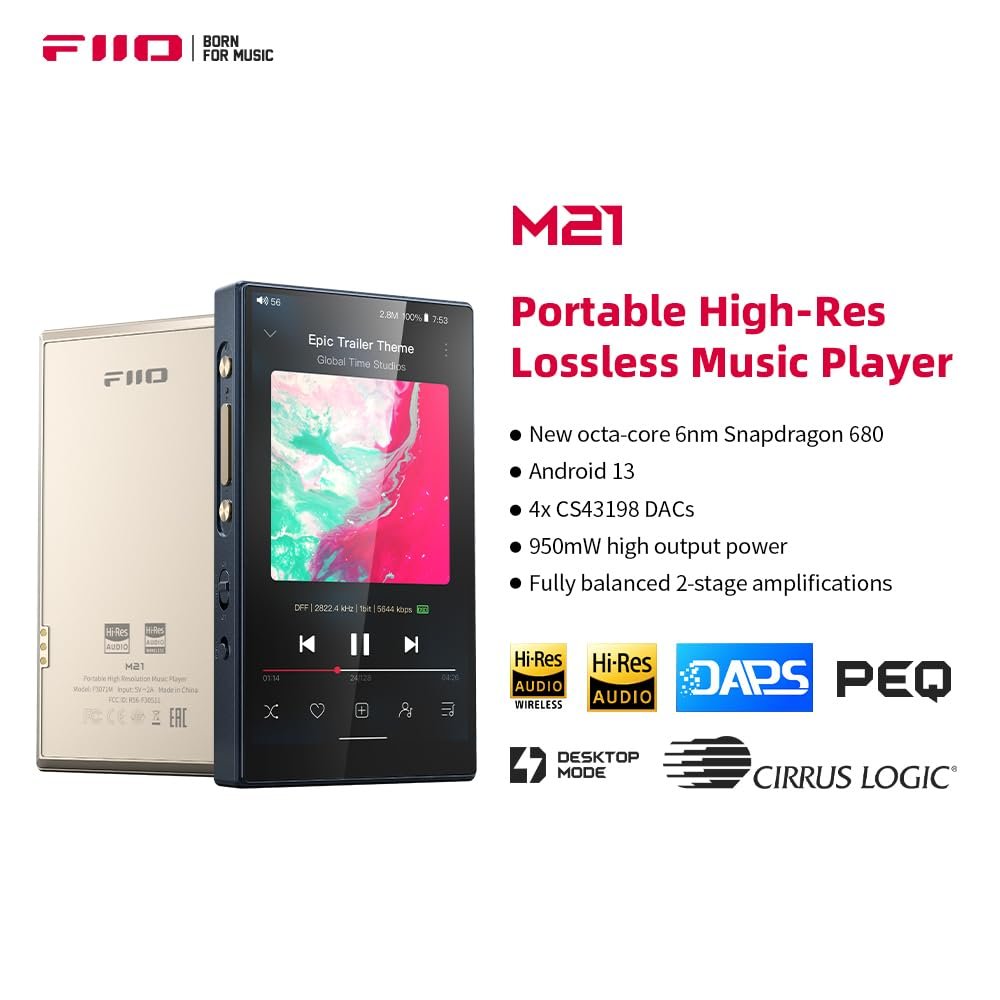 FiiO M21 Android 13 Portable Music Player MP3 Walkman Snapdragon 680 4* CS43198 DAC Chips Hi-Res Audio DSD Bluetooth LDAC (Blue-Black)