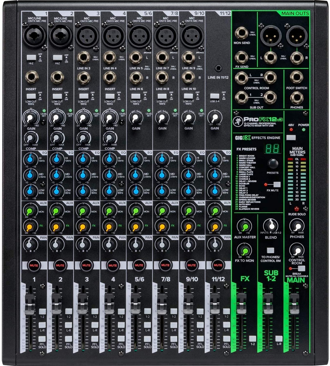 Mackie ProFXv3 Series, 12-Channel Professional Effects Mixer with USB, Onyx Mic Preamps and GigFX effects engine - Unpowered (ProFX12v3)