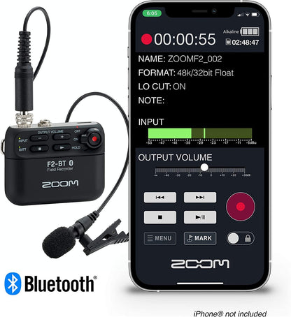 Zoom F2-BT Lavalier Recorder with Bluetooth, 32-Bit Float Recording, Audio for Video, Wireless Timecode Synchronization, Records to SD, and Battery Powered with Included Lavalier Microphone