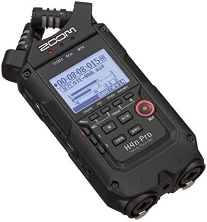 Zoom H4n Pro 4-Track Portable Recorder, All Black, Stereo Microphones, 2 XLR/ ¼“ Combo Inputs, Battery Powered, for Stereo/Multitrack Recording of Music, Audio for Video, and Podcasting