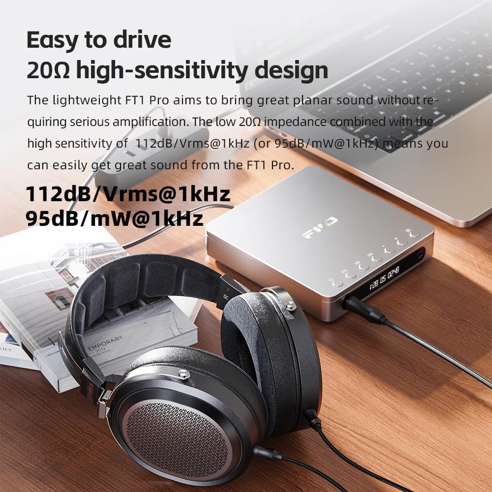 FiiO FT1 Pro Open-Back Planar Magnetic Wired Hi-Fi Headphones for Home, Studio, Recording, High Sensitivity (Black)