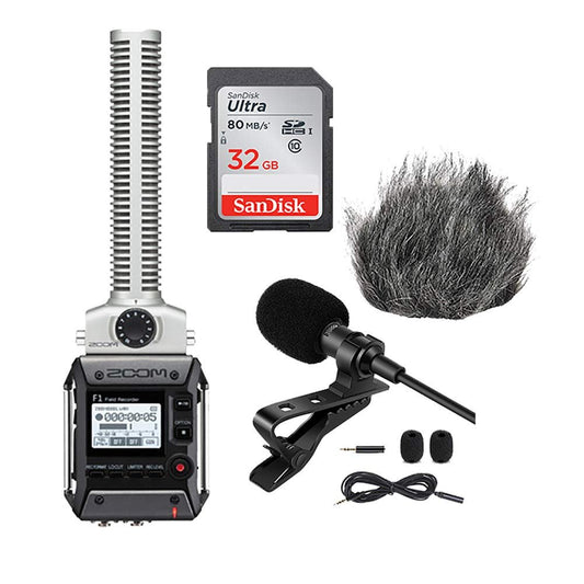 Zoom F1-SP Field Recorder + Shotgun Mic Pack + Lavalier Lapel Mic clip + 32 GB sd card +windbuster