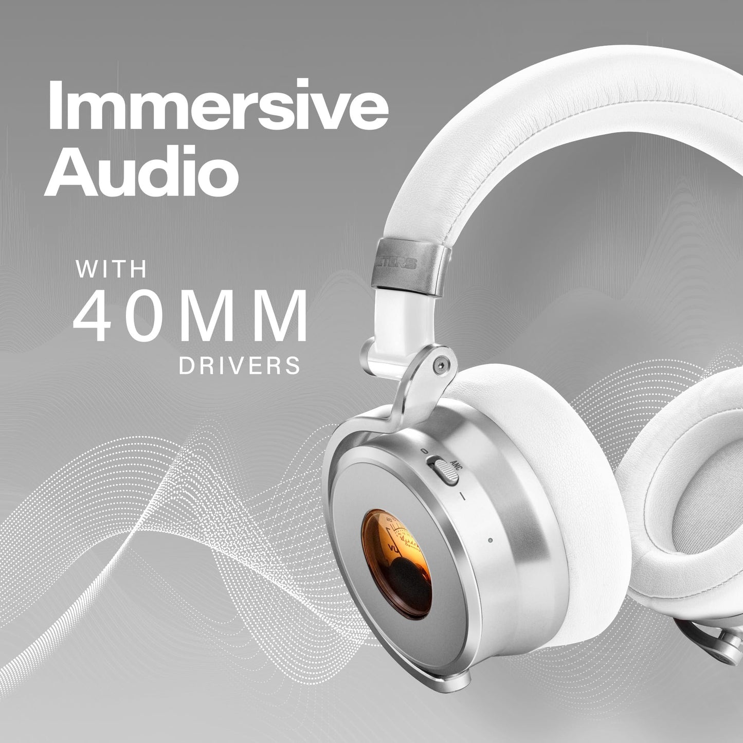 Meters OV-1-B-C Over-Ear Wireless Headphones with Active Noise Cancellation - Studio-Quality Sound with 16-Hour Playback & VU Display - Bluetooth 5.0, App-Controlled, 40mm Drivers (White)