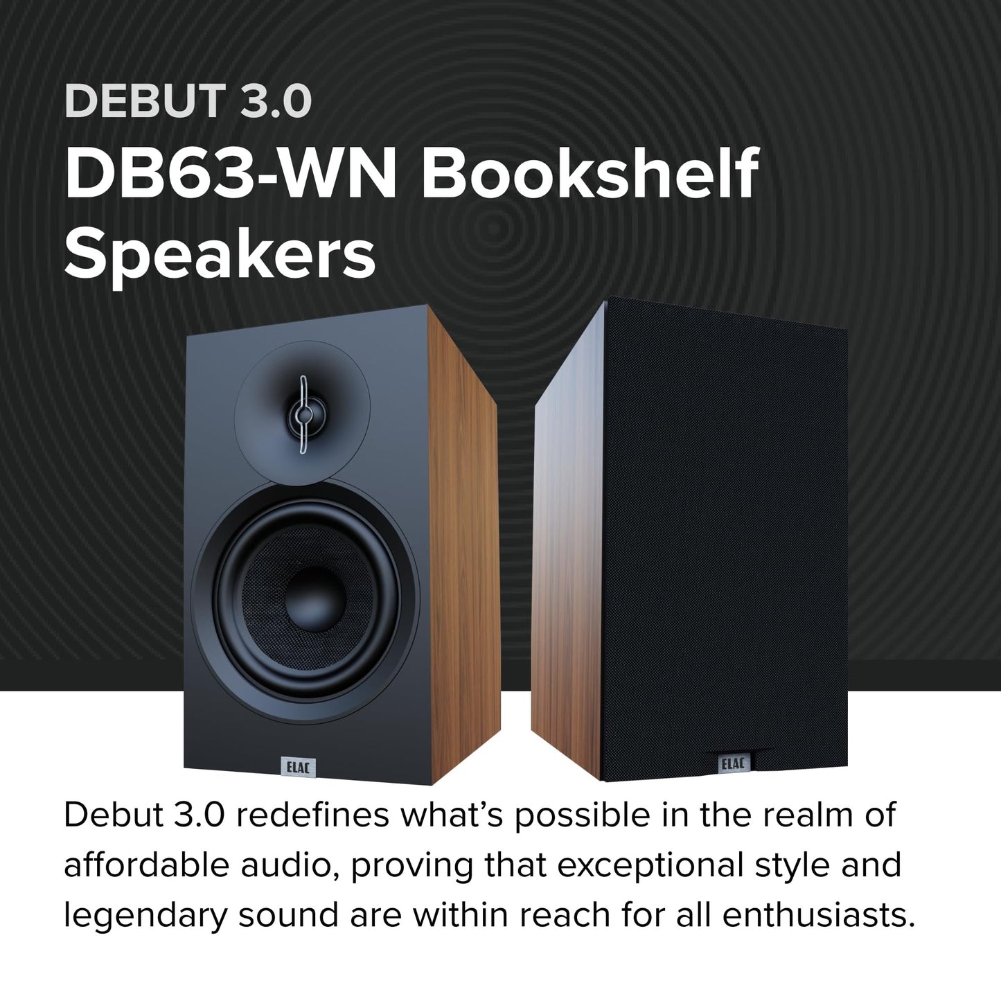 ELAC Debut 3.0 DB63-BK Bookshelf Speakers, Black Ash (Pair) - 1” Aluminum Dome Tweeter & 6.5” Aramid Fiber Woofer - 2-Way Bass Reflex - 42Hz to 38KHz Response