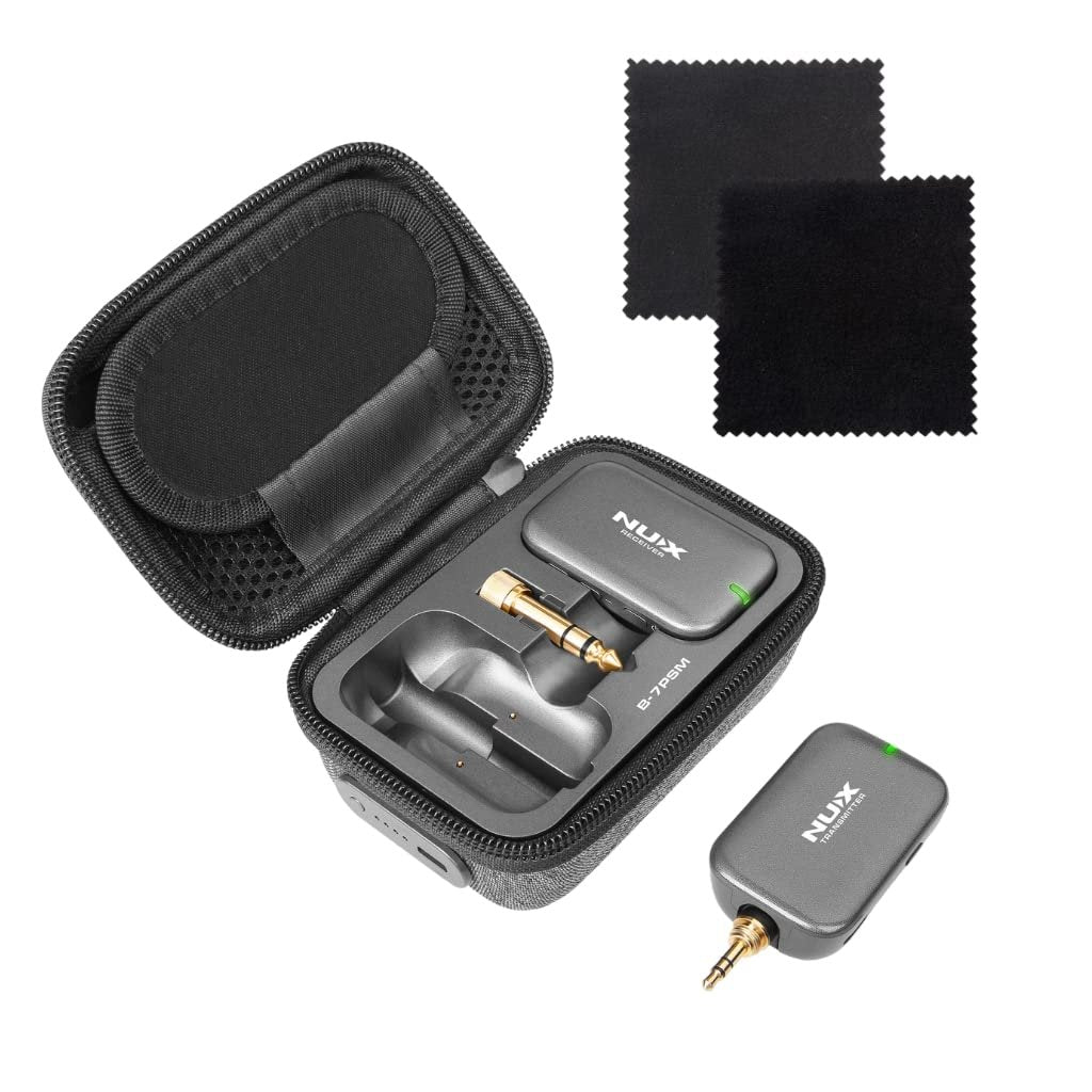 NUX B-7PSM 5.8 GHz Wireless in-Ear Monitoring System Bundle with 2pcs Microfiber Polishing Cloths, Charging Case Included, Stereo Audio transmitting