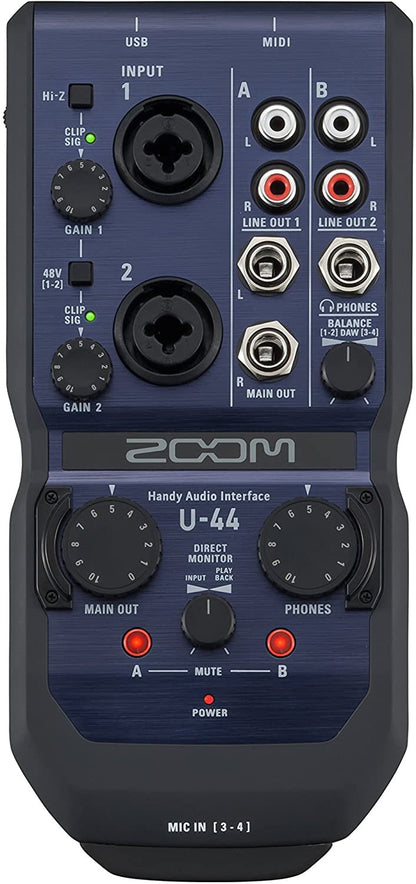 Zoom U-44 Handy Audio Interface, 4-Channel Portable USB Audio Interface, 2 XLR/TRS Combo Inputs, MIDI I/O, RCA Outputs, Compatible with Zoom Capsules