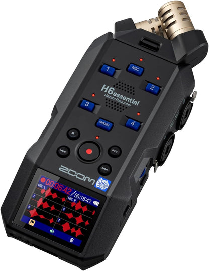Zoom H6essential (2024 Model, Essential Series) with 32-Bit Float, Accessibility, 6-Track Recorder, Stereo Microphones, 4 XLR/TRS Inputs, USB Audio Interface, for Musicians, Podcasters, & Filmmakers