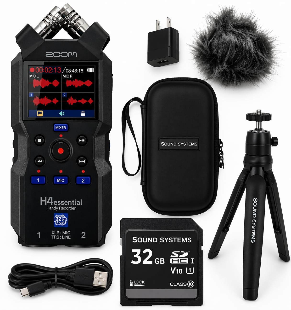 Zoom H4essential 4-Track 32-Bit Float Portable Audio Recorder Bundle with APH-4e Accessory Pack, Hairy Windscreen, Case, AC Adapter, 32GB SD Card, Mini Tripod