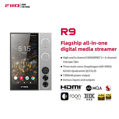 FiiO R9 Android Media Streamer, Network Player, HDMI/MQA Full Decode, USB DAC, DSD512 PCM768kHz/32Bit Bluetooth 5.0, 6’’HD Touchscreen