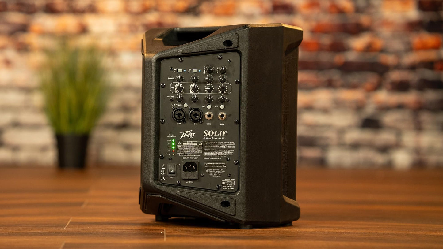 Peavey Solo® Battery Powered Portable PA and Busking Amp, 10-Hour Battery Life, Bluetooth, 4-Channels, Lightweight, Fast Rechargeable Battery, Guitar Input, Reverb Included
