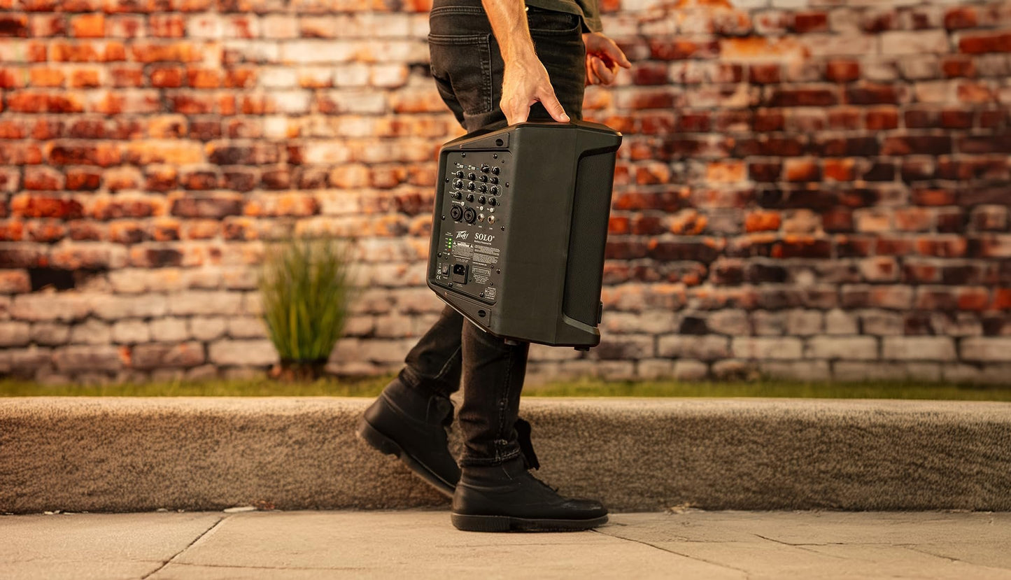 Peavey Solo® Battery Powered Portable PA and Busking Amp, 10-Hour Battery Life, Bluetooth, 4-Channels, Lightweight, Fast Rechargeable Battery, Guitar Input, Reverb Included