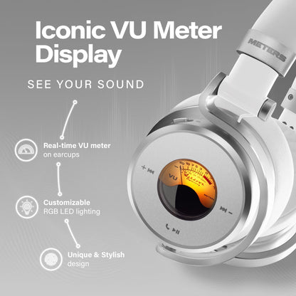 Meters OV-1-B-C Over-Ear Wireless Headphones with Active Noise Cancellation - Studio-Quality Sound with 16-Hour Playback & VU Display - Bluetooth 5.0, App-Controlled, 40mm Drivers (White)