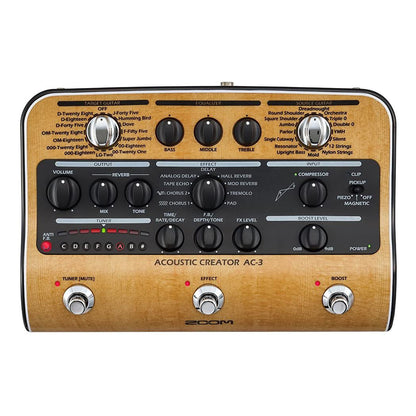 Zoom AC-3 Acoustic Creator, Acoustic DI with Tone Restoration, Acoustic Modeling, 9 effects, Compression, Tuner, Reverb, EQ, and Anti-Feedback