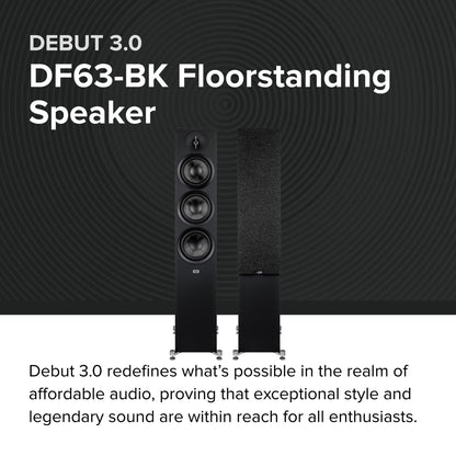 ELAC Debut 3.0 DF63-BK Floorstanding Speaker, Black Ash (Each) - 1” Aluminum Dome Tweeter, 6.5” Aramid Fiber Midrange & Dual 6.5” Aramid Fiber Woofers - 3-Way Bass Reflex - 31Hz to 38KHz Response
