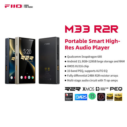 FiiO M33 R2R Portable HiFi Music Player, Snapdragon 680, 8GB RAM + 128GB Storage, True R2R DAC, XMOS XU316 USB Audio, 1100mW Balanced Output, AUTO EQ, 5.5” Full HD Display