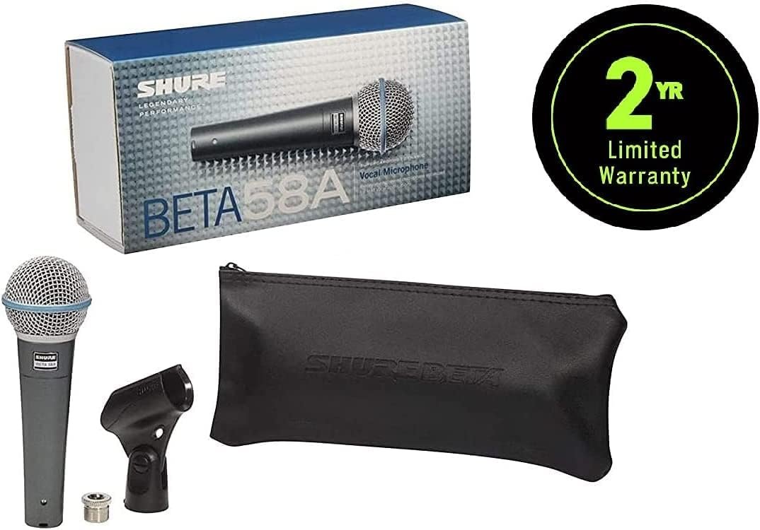 Shure BETA 58A Vocal Microphone - Single Element Supercardioid Dynamic Mic for Stage and Studio, Includes A25D Adjustable Stand Adapter, 5/8” to 3/8” (Euro) Thread Adapter and Storage Bag